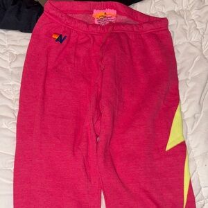 Aviator Nation Pink Sweatpants with Yellow Lightning Bolt